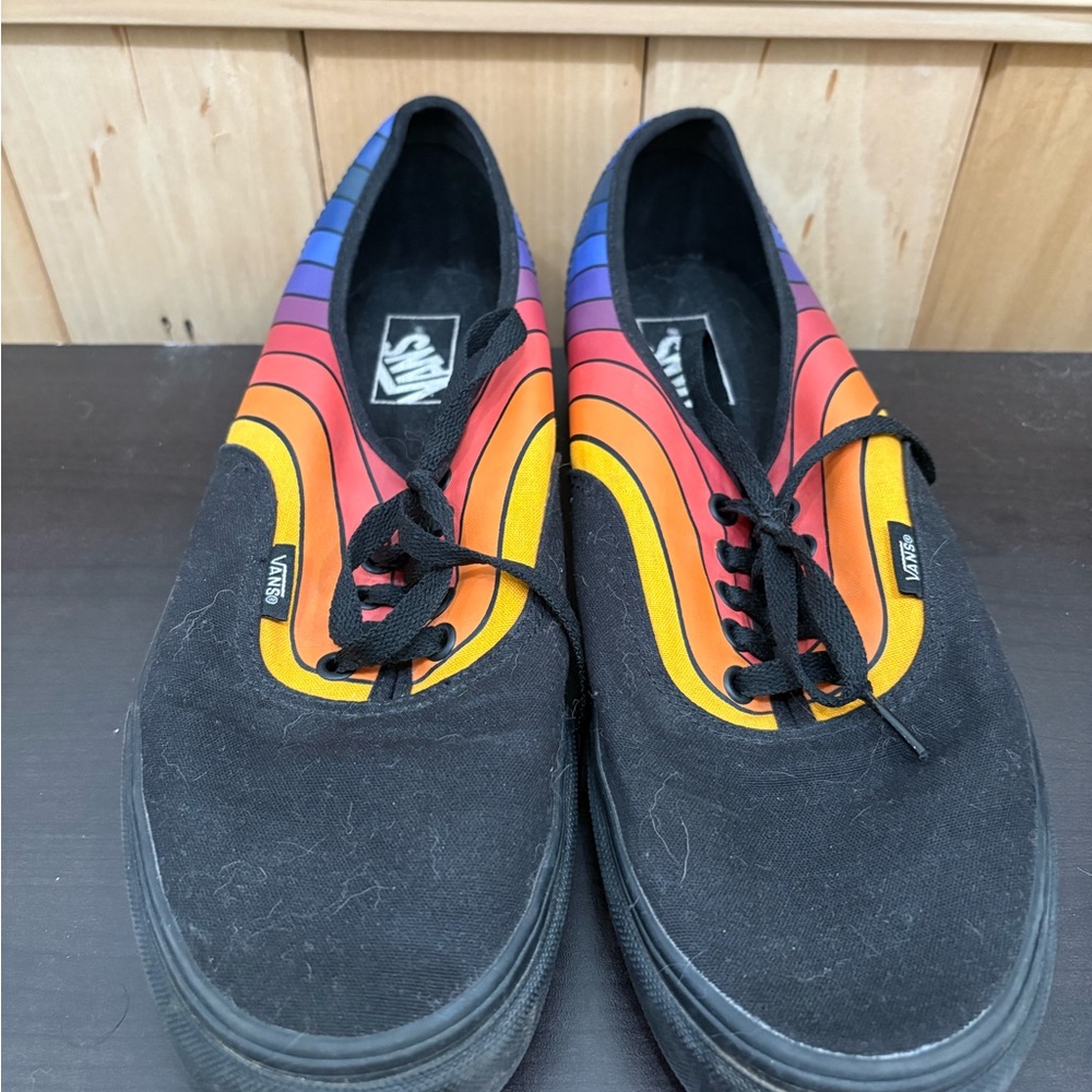 Vans Men’s Black Canvas Sneakers with Rainbow Stripe Accents
